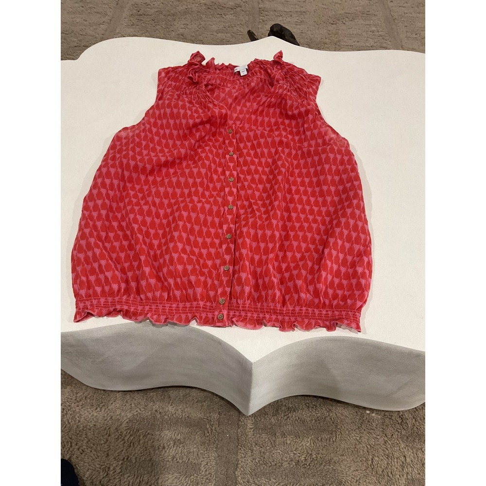 Gap Womens Pink Red Ikat Print Ruffle Neck Smocked Hem Cotton Blouse Large